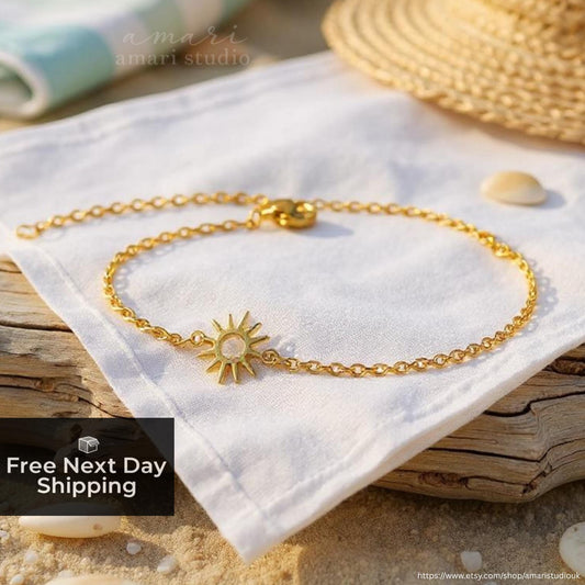Simple Gold Sun Chain Bracelet, Minimalist Summer Beach Jewellery
