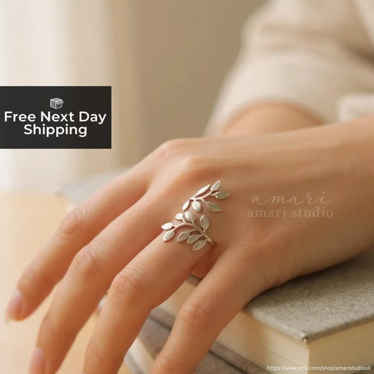 Silver Leaf Branch Adjustable Ring, Natural Bohemian Jewellery