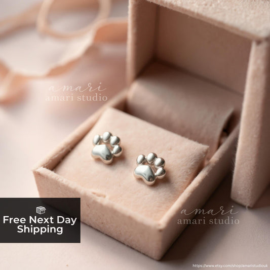 Small Silver Paw Print Stud Earrings, Cat Dog Lover Earrings, Cute Paw Earrings