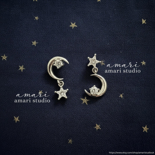 Silver Star Moon Crystal Stud Earrings, Celestial Jewellery