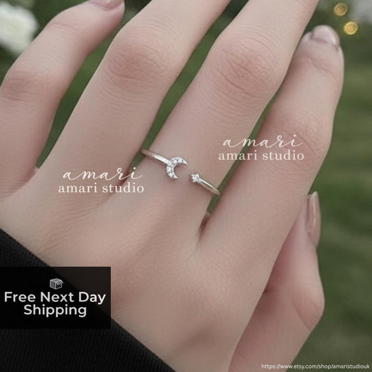 Silver Crystal Star Moon Ring, Fully Adjustable Ring, Celestial Jewellery